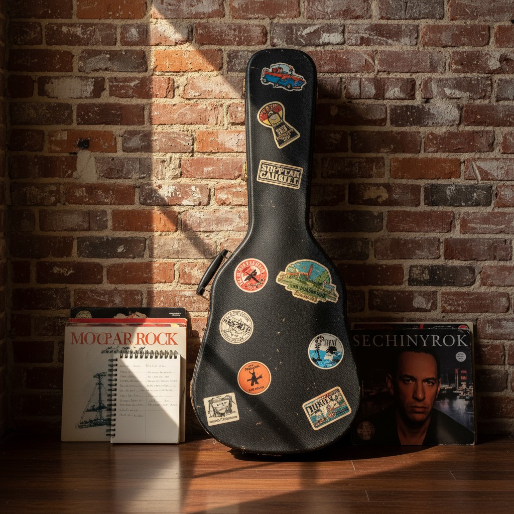 A guitar case adorned with stickers, accompanied by a notebook and an album cover, placed against a brick wall.